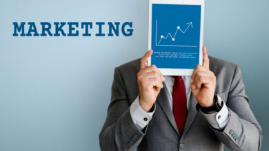 Marketing fundamentals illustration showing market research, branding, target audience, SEO, promotion, and business strategy.