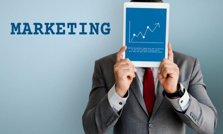 Marketing fundamentals illustration showing market research, branding, target audience, SEO, promotion, and business strategy.