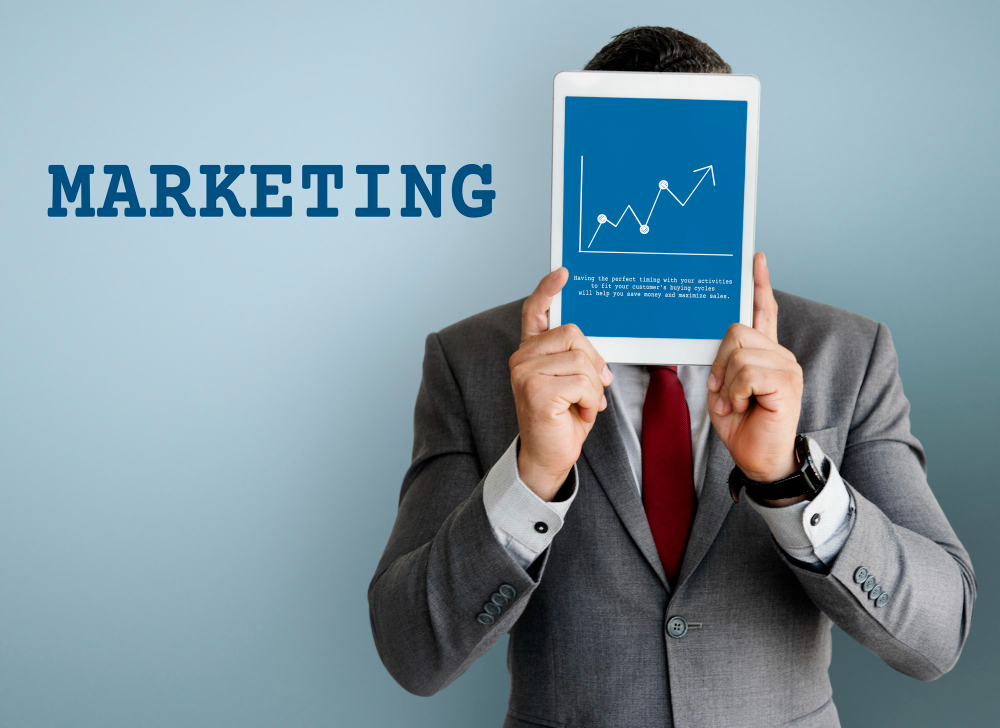 Marketing fundamentals illustration showing market research, branding, target audience, SEO, promotion, and business strategy.