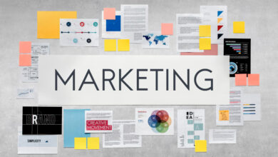 Marketing fundamentals diagram showing branding, market research, customer targeting, SEO, content marketing, and business strategy.