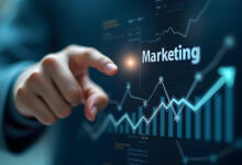 Business marketing strategy with digital marketing analytics and business growth charts.
