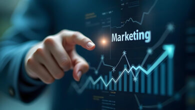 Business marketing strategy with digital marketing analytics and business growth charts.