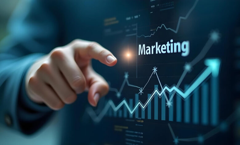 Business marketing strategy with digital marketing analytics and business growth charts.