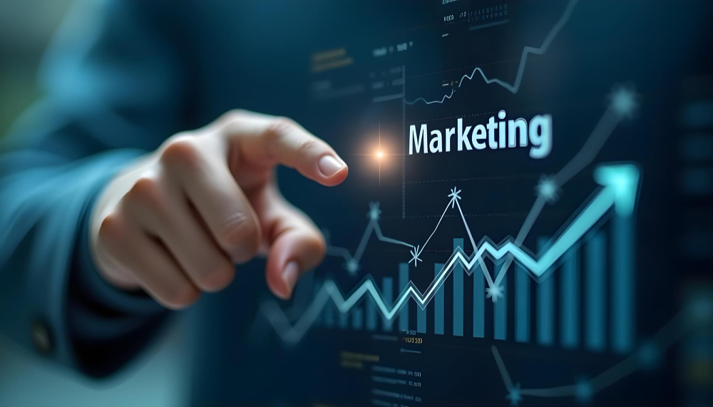 Business marketing strategy with digital marketing analytics and business growth charts.