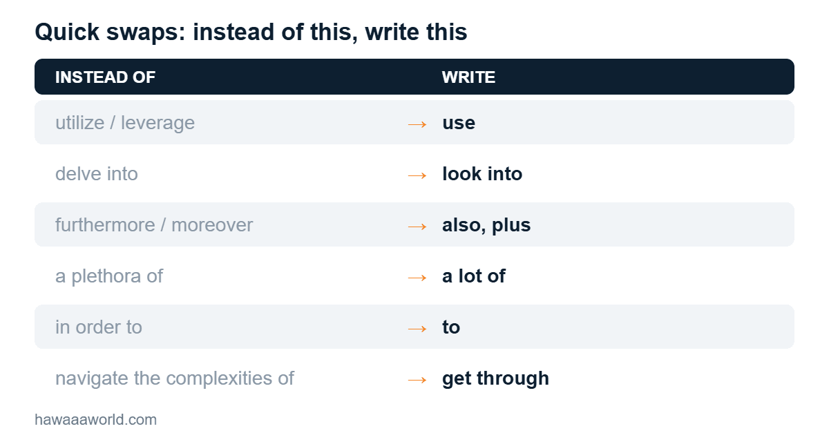 Table of common AI phrases and plainer words to use instead